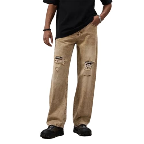 Men Summer Distressed Ripped Denim Pants Straight Loose Khaki Jeans Cotton Hollow Out Destroyed Trousers