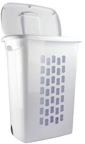 Sterilite Ultra Wheeled Laundry Hamper with Lid, Handle and Wheels for Easy Rolling of Clothes to and from The Laundry Room, Plastic, White, 1-Pack