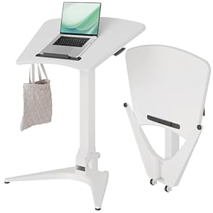 Mobile Standing Desk, Portable Rolling Standing Desk with Wheels, Pneumatic Height Adjustable Sit-Stand Desk Workstation with 90° Tiltable, Foldable Desk with Non-Slip Computer Stand, White