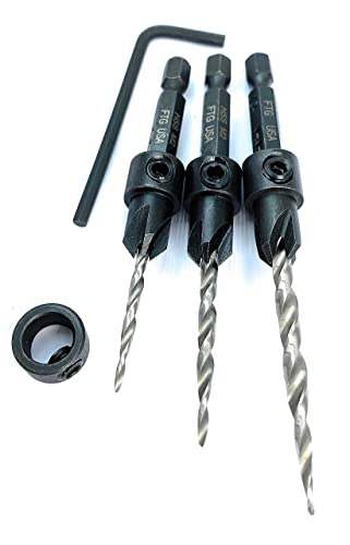 Image of FTG USA 3 Pc Wood Countersink Drill Bit Set #4#6#8 with 3 /8 inch Depth Stop | Includes sizes #4, #6, and #8 tapered bits. Comes with an adjustable 3 /8 inch depth stop collar and hex key tool