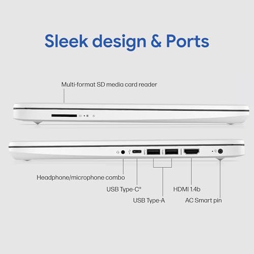 Image of HP 14 inch Laptop . Microsoft 365 Included . 576GB Storage (64GB + 512GB SD) . 4GB RAM . HD Display . 12-Hour Battery . WiFi . Bluetooth . Windows 11 White