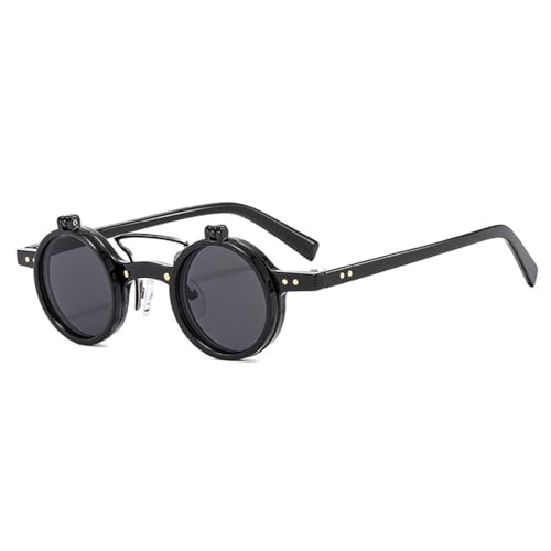 Lunettes de soleil rondes double pont punk rétro à verres rabattables UV400 pour femme et homme