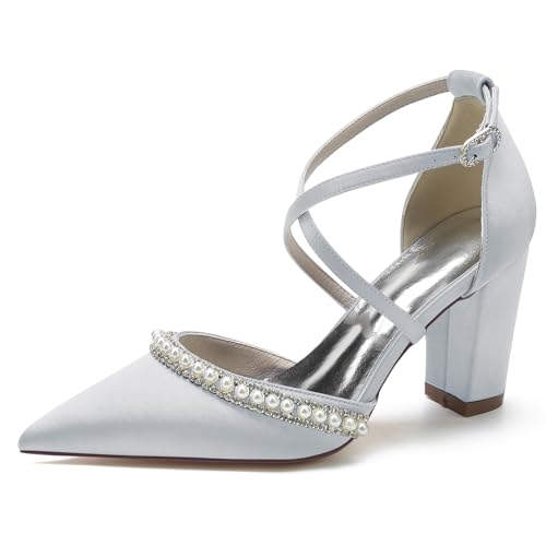 Escarpins de mariée épais FGRID en argent taille 43 avec talons carrés et bout pointu