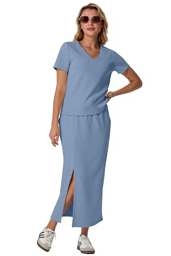 Image of GRECERELLE Women Summer Casual 2 Piece Sets V-Neck Wrinkle-Free Top & Elastic Waist Midi Side Slit Skirt with Pockets