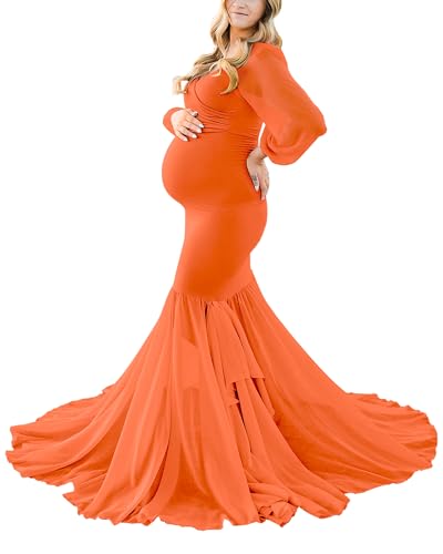 Saslax Long Chiffon Sleeve Tired Mermaid Maternity Dresses for Photoshoot Photography Baby Shower Gown Orange 30 Small at Amazon Women's Clothing store