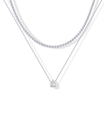 PAVOI Rhodium Plated Serpentine Chain Choker with Solitaire Pear-Cut Stone Pendant Layering Necklace...