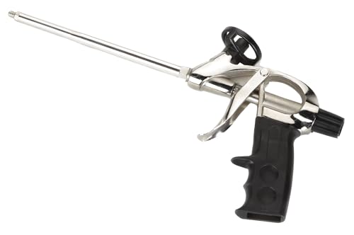 Pistola de espuma de poliuretano con recubrimiento antiadherente, ideal para sellado y aislamiento en construcciones y reparaciones.