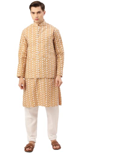 Image of SOJANYA (Since 1958 Men's Silk Blend Light Green Kurta & Nehrujacket with White Pyjama Combo