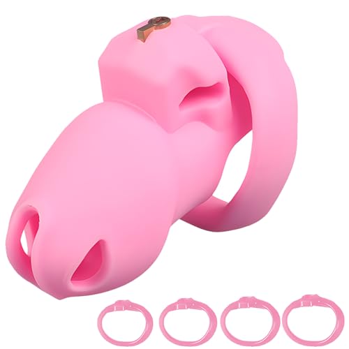 Keuschheitskäfig für Männer, Leichter Pinker Keuschheitsgürtel aus Silikon mit 4 verschiedenen Ringgrößen, Penisschloss, BDSM Abstinenz für Erwachsene, Penis-Bondage, Sexspielzeug für Männer (S)