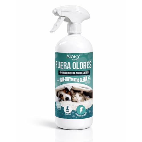 Bioky Fuera Olores 1L | Eliminador de Olores Enzimático de Mascotas | Absorbe Olores de Gatos, Perros, Orina | Alfombras, Textil, Césped Artificial, Sofá, Coche - Nueva Fórmula Enzimática (1L)