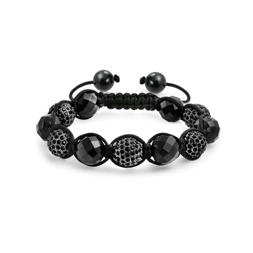 Bling Jewelry Bracelet Inspiré De Shamballa Avec Boule En Cristal Pavé D'Onyx Noir Pour Femmes Et Hommes Cordon Noir Ajustable
