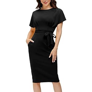 JASAMBAC-Womens-Bodycon-Pencil-Dress-Office-Wear-to-Work-Dresses-with-Pocket-Belt JASAMBAC Business Dresses for Women for Work Office Bodycon Pencil Dress Knee Length Black