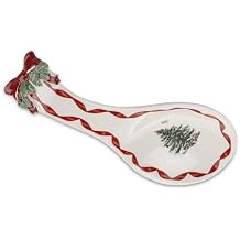 Spode Christmas Tree Ribbons Spoon Rest, 9.25" Festive Holiday Cooking Utensil Holder, Fine Earthenware - Ladle Holder for Kitchen Countertop - Dishwasher Safe, Christmas Kitchen Decor