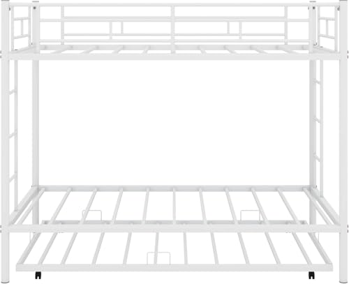 Image of Metal Bunk Bed with Trundle | Heavy Duty Triple Sleeper Bed Frame | Space Saving Double Deck Bed with Ladder & Safety Guard Rails for Kids & Adults | White | 75 inch x 39 inch x 65.3 inch