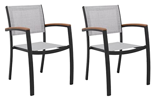 Home4You Gartenstuhl 2er Set stapelbar - Aluminium - Textilenbespannung - Eukalyptusholz - Braun - Grau - Schwarz - Essstuhl Balkonstuhl Mittellehner Stapelstuhl 2er Set - bis max. 100 kg