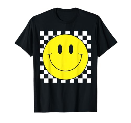 70s Yellow Smile Face Shirt Cute Checkered Smiling Happy Tee T-Shirt