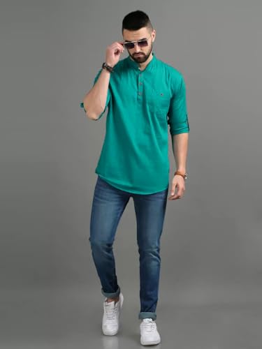 Image of DEEMOON Men's Cotton Blend Full Sleeve Short Kurta with Mandarin Collar Crafted from a Premium Cotton Blend