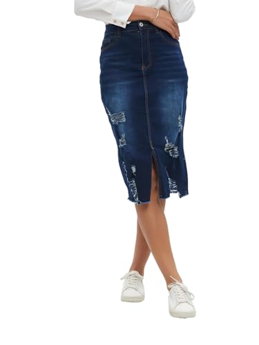 Women's Denim Skirt High Waisted Stretch Distressed Midi Skirt for Everyday Chic Y2K Style