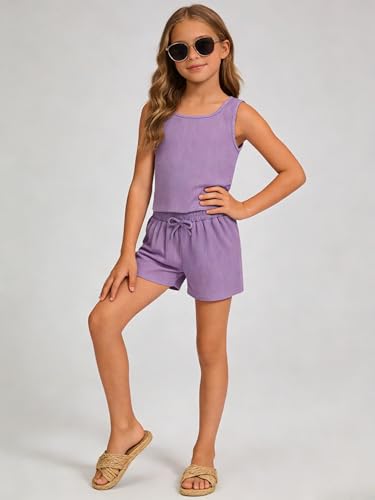 Image of Cakaner Tween Girls 2 Piece Outfit Set Summer Tank Top and Elastic Waist Shorts with Belt Size 7-14