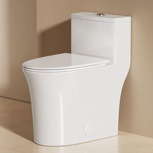 BayRoll One Piece Elongated Toilet, ADA Chair Seat Height 17', High Efficiency Dual Flush 0.9/1.28 GPF, MAP 1000g, 12' Rough-In, Compact Fully Skirted Toilet for Bathrooms with Soft Close Seat, White
