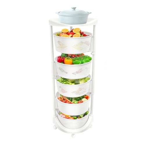 Fruit Basket for Kitchen, 5 Tier Circular Rotating Basket Large Storage Rack with Wheels, Standing Shelf Storage, Multi-Layer Storage Shelves with Top Lid for Living Room, Office, White (5-Tier)