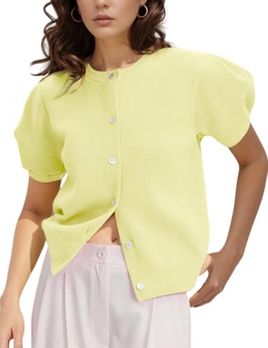Image of Yimoon Women's Lightweight Puff Short Sleeve Cardigan Sweater | Summer, Y2K, Cropped Knit, Button Up, Blouse Tops