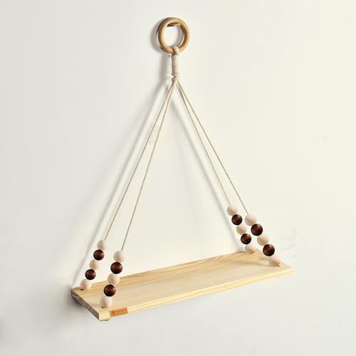 Image of Hanging Shelf with Magic Hook, Use Decor Plants, Books, Decorative Gift Items Nursery Livingroom Wooden Beads & Ring Woven Bohemian Chic for Dorm (Multicolor Beads, Medium)