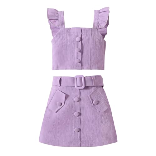 Fernvia Toddler Baby Girl Skirt Set Ruffle Sleeveless Tank Tops and Mini A-Line Belted Skirt 2Pcs Summer Outfits (A Purple, 18-24 Months)