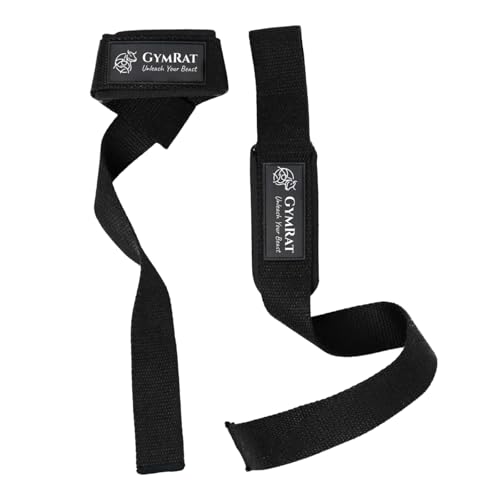 Image of GYMRAT Weight Lifting Straps with Padded Neoprene for Deadlifts, Strength Training, Gym Workouts - 22 inch Cotton Straps for Men & Women | Premium Fitness Gear (DEADLIFT STRAPS, BLACK)