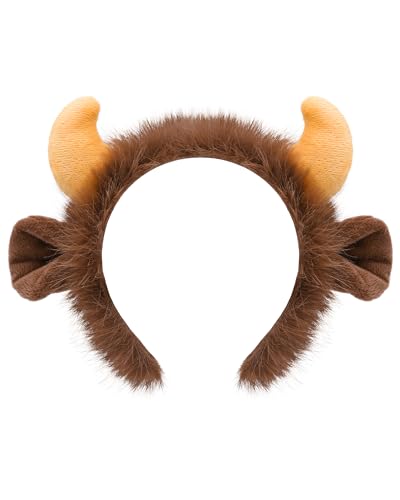 OURIZE Furry Yak Horn Ears Headband Adult Cosplay Costume Accessory for Halloween, Christmas (Brown)