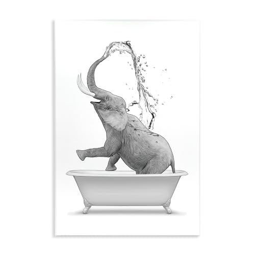 Monochrome Elephant Bathing, 13 x 19 Inch Mounted Print on Wall Plaque