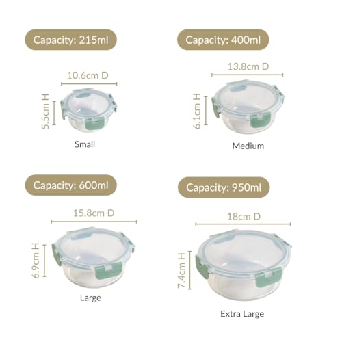 Image of Nestasia Nestro Airtight Glass Containers with Lid Set of 4 (215ml, 400ml, 600ml, 950ml) | Spill Proof Round Glass Containers with Break Free Lock - Microwave, Dishwasher & Freezer Safe (Mauve)
