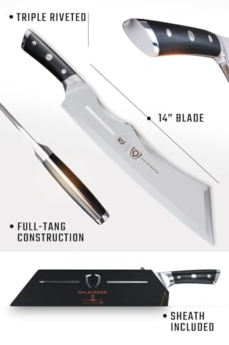 Dalstrong Annihilator Meat Cleaver Knife 14 inch - Wood Stand & Sheath - Thick Butcher Knife - 7CR17MOV Carbon Steel - Gladiator Series R - Heavy Duty Chopping Knife - G10 Handle Chef's Knife