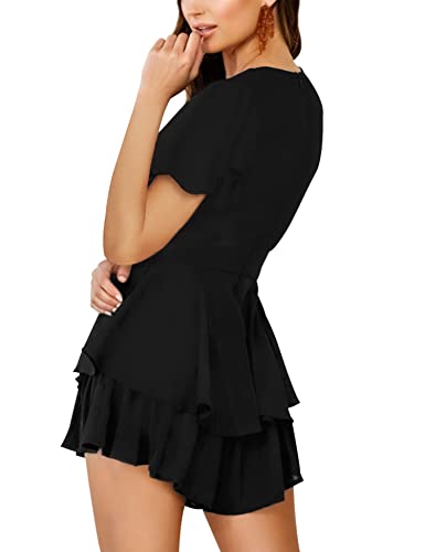 Aimcoo Women's Floral Print Deep V-Neck Romper Double Layer Ruffle Hem Jumpsuits Short Flare Sleeves Waist Tie Short Rompers #TOP1