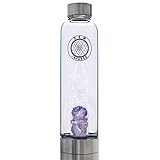 TonicCure Gem Infused Crystal Water Bottle Elixir with Authentic Healing Wellness Brazilian Stones Amethyst Neoprene Sleeve, for Love Peace and clarity 16 oz (Amethyst)