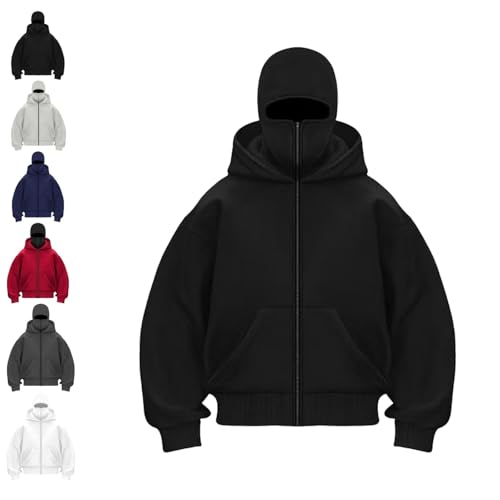 Siuurn Unisex Balaclava Hoodie with Built-In Eye Mask, Double Hooded Hoodie, Full Zip Hooded Sweatshirt for Cold Weather(Black,L)