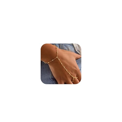 Hand Chain Bracelet for Women Trendy, Gold Beaded Ring Hand Chain Dainty 14K Gold Plated Cross Hand Chains Cubic Zirconia Finger Bracelet for Women Simple Body Jewelry