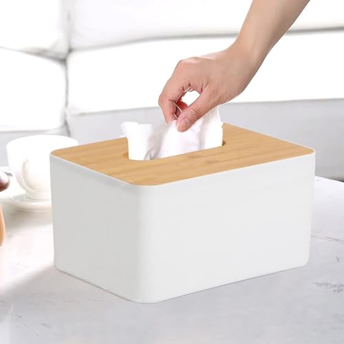 Image of HOKIPO Bamboo Cover Plastic Tissue Box Holder | Tissue Paper Holder Box Case | Tissue Holder Dispenser Organizer for Car Decor Home, 16.5x13x9 cm (AR-5292)