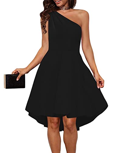 Sarin Mathews Womens One Shoulder Dress Vintage A-Line High Low Hem Skater Cocktail Party Dress Black M #TOP12