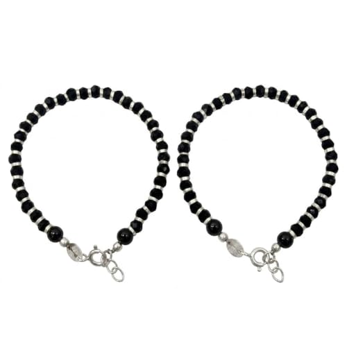 Image of Parnika (Formerly MJ 925 Traditional Silver & Black Crystals Baby Nazariya Kids Silver Bracelet in Pure 92.5 Sterling Silver for Kids - One pair
