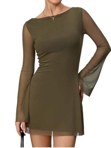 Milumia Women's Boat Neck Mesh Long Bell Sleeve Mini Dress Y2k Going Out Short Dresses Fall 2025