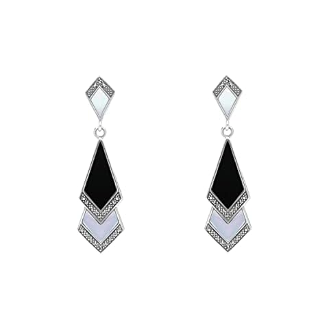Esse Marcasite Sterling Silver Black Onyx & Shell Mother of Pearl Art Deco Drop Earrings Cover