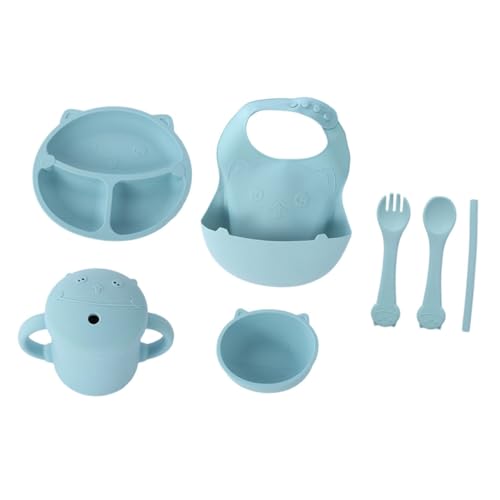HEMOTON 1 Juego Set de silicona para merienda de bebé Lámina Juguete para bebés bocadillo traje cubiertos infantiles plato infantil cuchara tenedor gel de sílice Sky-blue