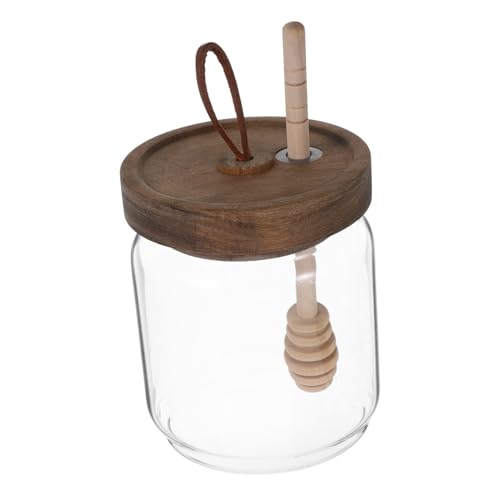 PRETYZOOM Honey Jar with Wood Lid and Dipper Clear Glass Honey Dispenser for Kitchen Storage Honey Spoon Included for Home Use Single Honey Canister for Condiment Organization