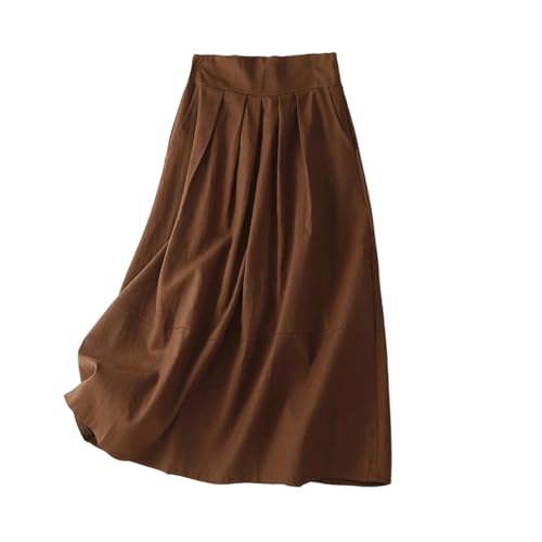 Womens Cotton Linen Skirts Casual Elastic Waist Midi Skirt with Pockets Trendy Pleated Comfy Flowy Swing A-Line Skirts
