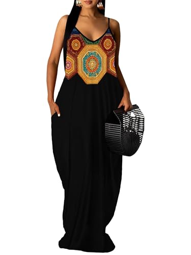 Image of Women's Summer Maxi Dress Spaghetti Strap Floral Boho Beach Long Sundress with Pockets