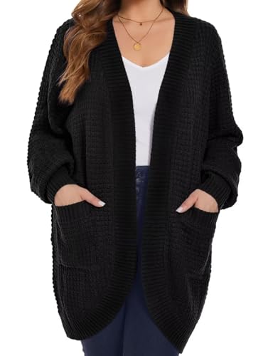 Image of MONNURO Womens Plus Size Open Front Cardigan Waffle Knit Long Sleeve Sweaters Tops Fall Coat Outerwear with Pockets