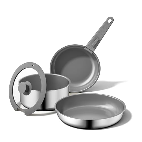 5-Teiliges Antihaft Keramik Pfannenset mit Abnehmbarem Griff, 3-Schichtiger Edelstahl Topf Set-PTFE/PFAS/PFOA frei, Töpfe Induktion… – Ansicht 1