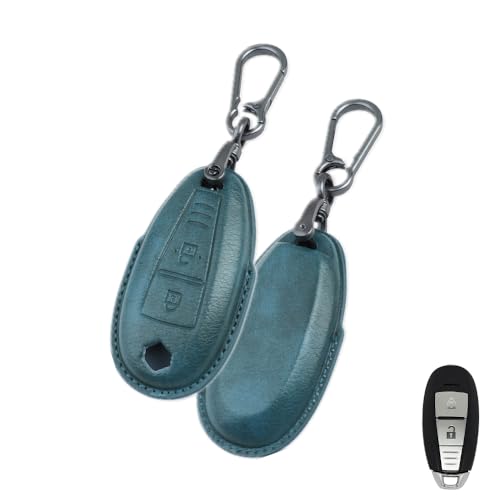 Image of Keyzone Vintage Leather Key Cover for Baleno, Ciaz, Ignis, SCross, Vitara Brezza, Urban Cruiser 3 Button smart Key (VL Leather - Blue)