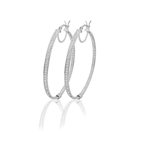 Rhodium Plated Sterling Silver Inside-Out 40mm Hoop Earrings, Studded With Swarovski Crystals.